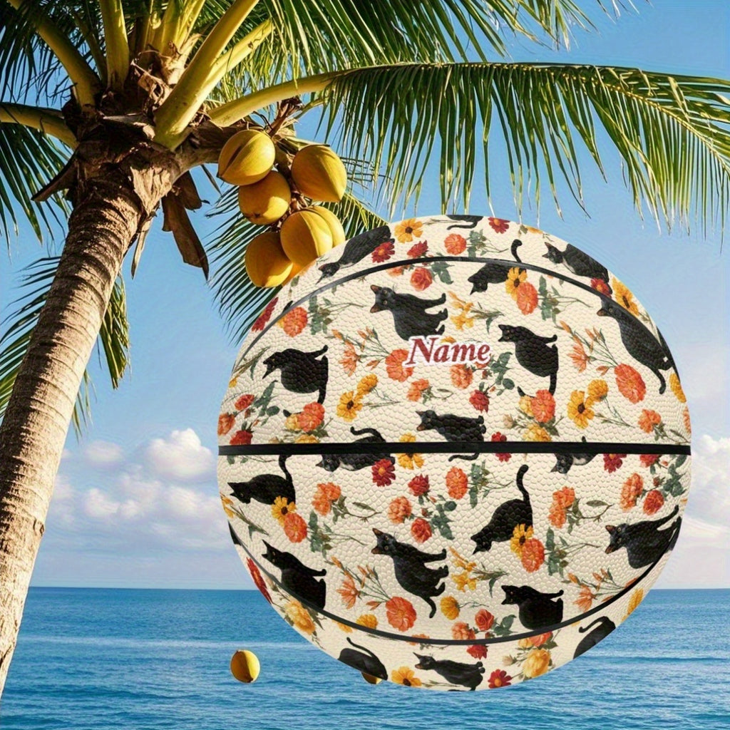 Personalized Basketball with Vibrant Cat & Floral Design - High-Elasticity, Comfort Grip