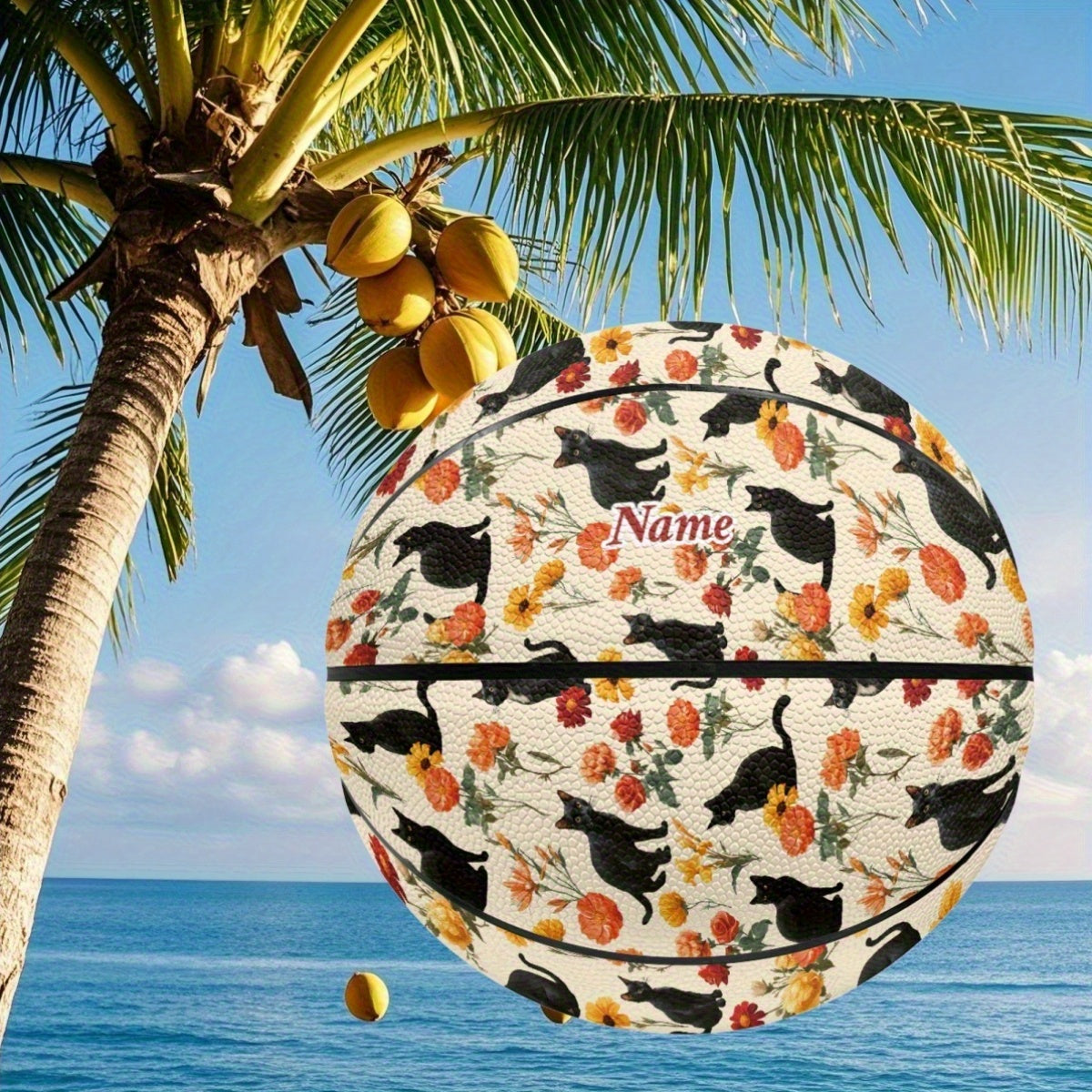 Personalized Basketball with Vibrant Cat & Floral Design - High-Elasticity, Comfort Grip