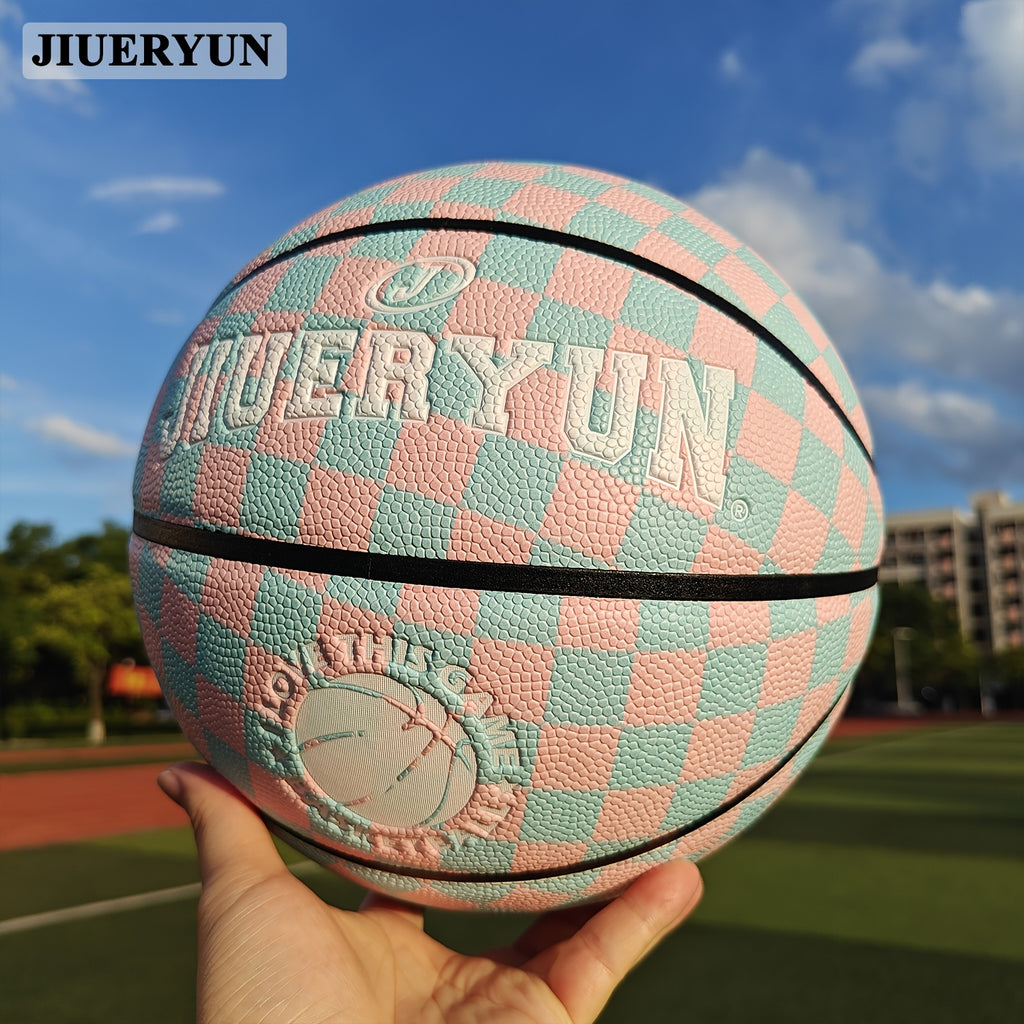 JIUERYUN Unisex 7-Inch Basketball - Pink & Blue Checkered, Anti-Slip Durable Surface