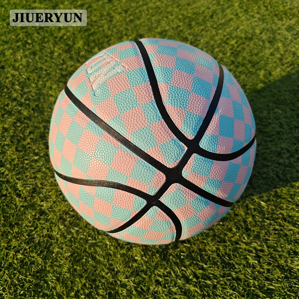 JIUERYUN Unisex 7-Inch Basketball - Pink & Blue Checkered, Anti-Slip Durable Surface