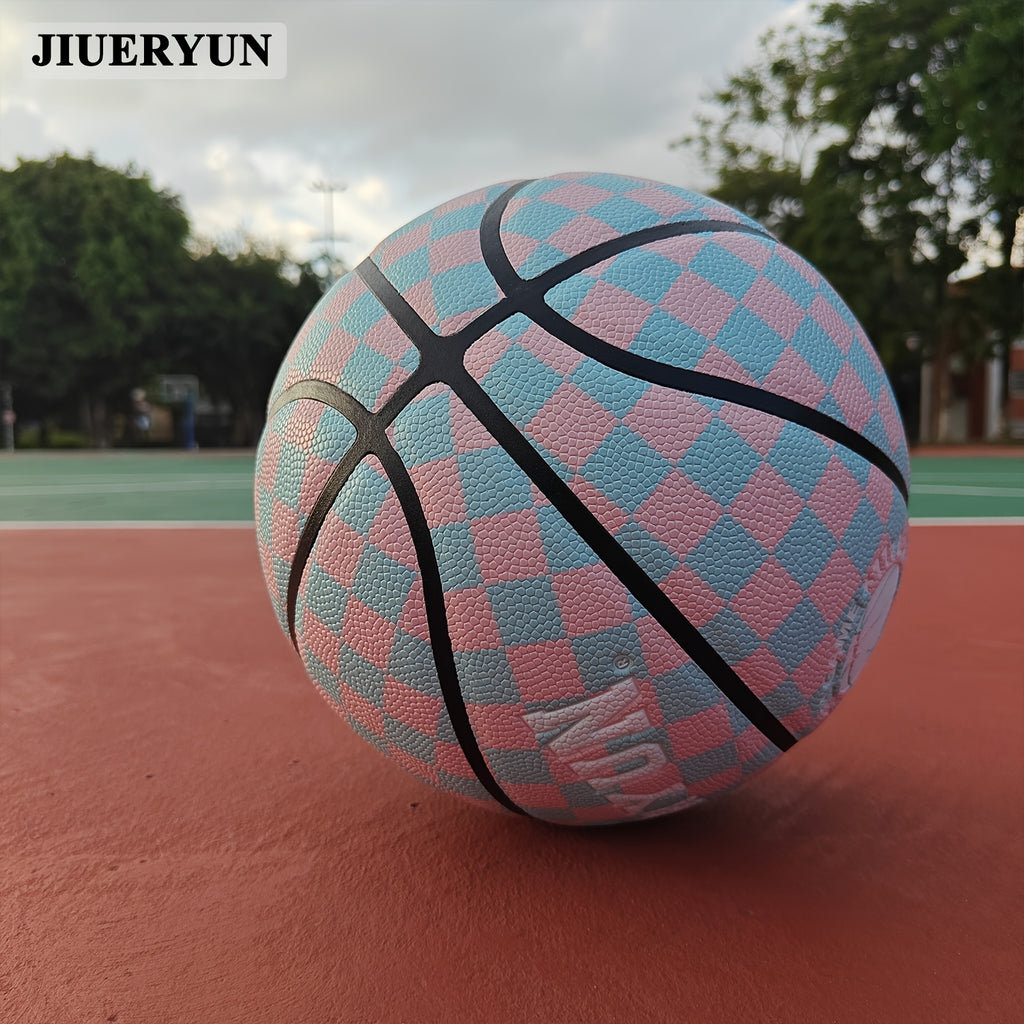 JIUERYUN Unisex 7-Inch Basketball - Pink & Blue Checkered, Anti-Slip Durable Surface