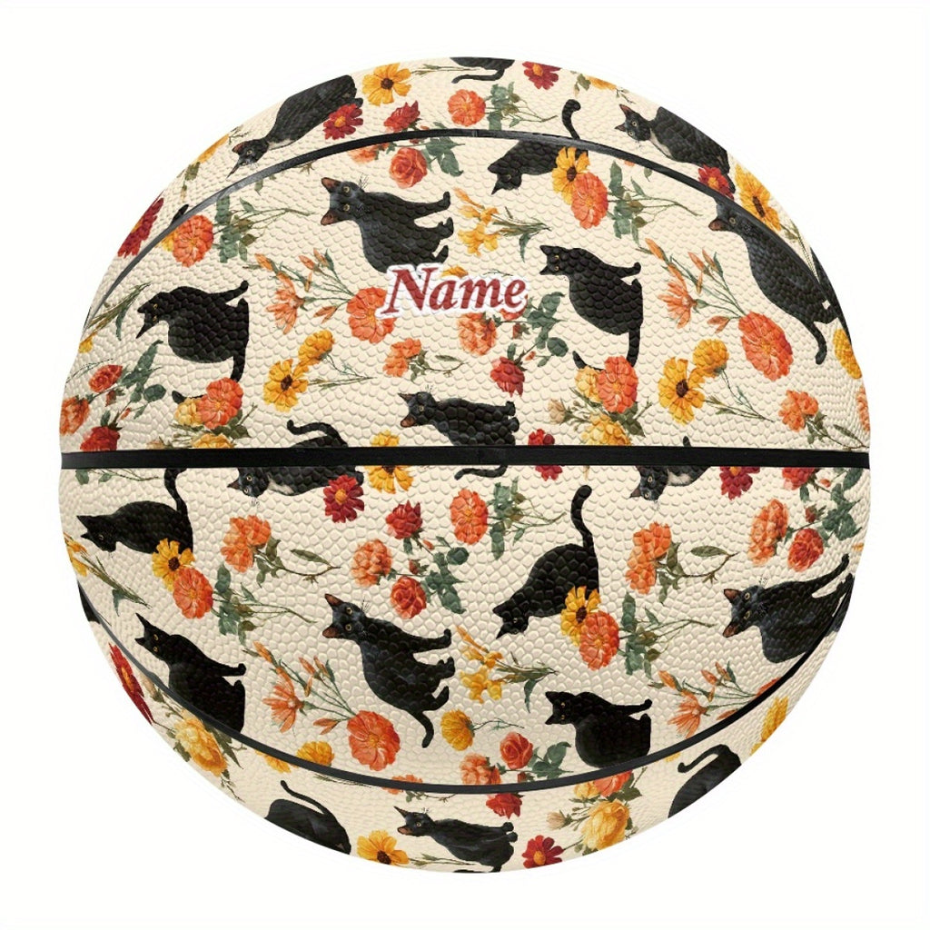 Personalized Basketball with Vibrant Cat & Floral Design - High-Elasticity, Comfort Grip