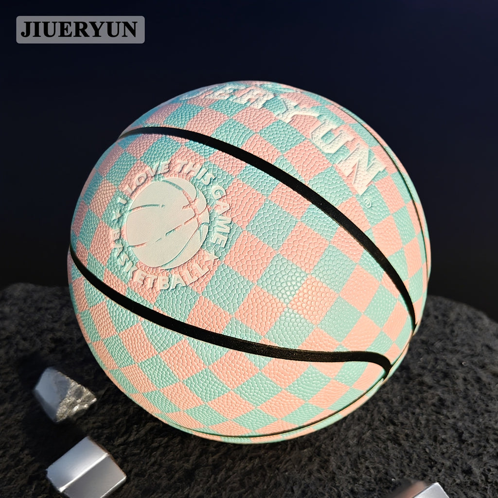 JIUERYUN Unisex 7-Inch Basketball - Pink & Blue Checkered, Anti-Slip Durable Surface