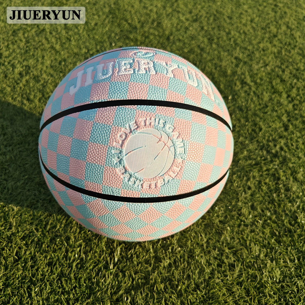 JIUERYUN Unisex 7-Inch Basketball - Pink & Blue Checkered, Anti-Slip Durable Surface
