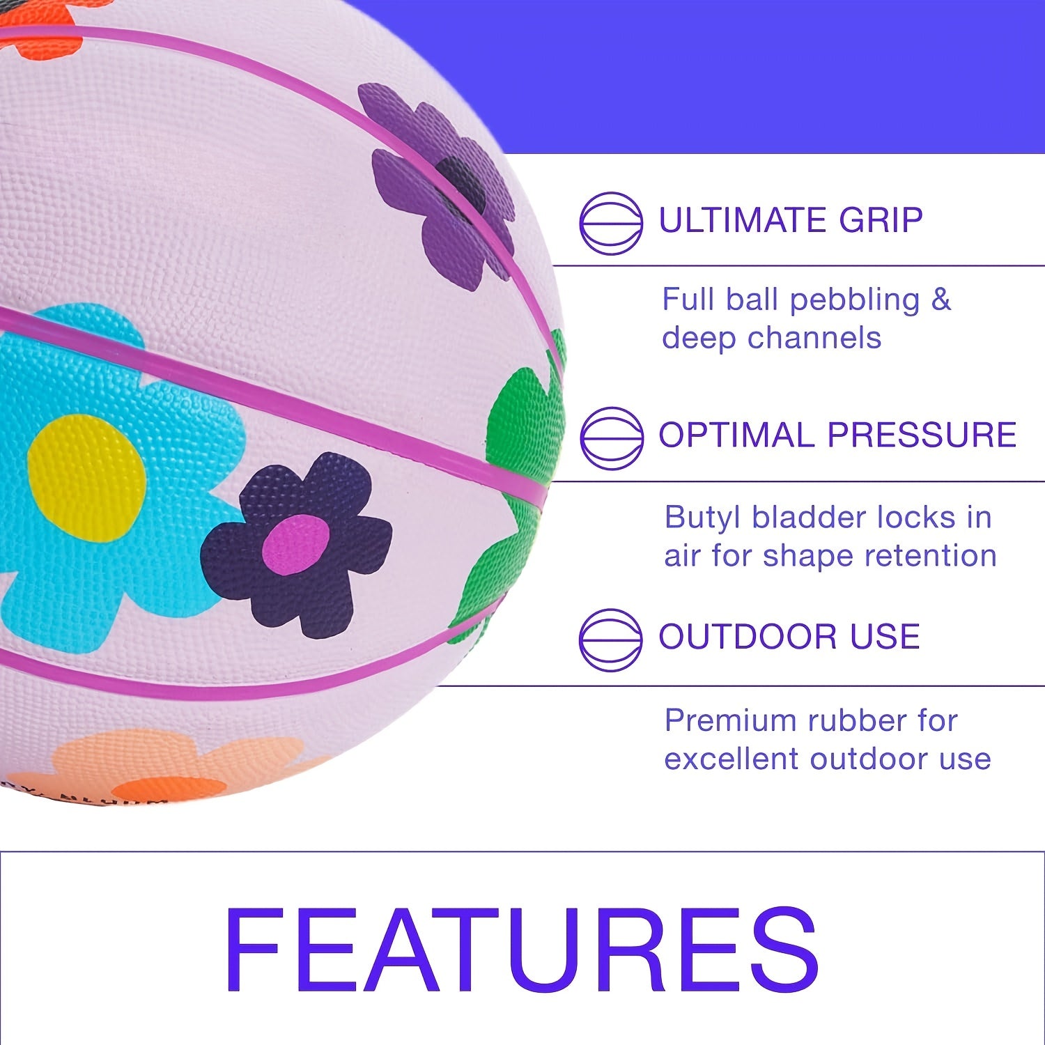 Premium Design Printed Rubber Outdoor & Indoor Basketball, Bloom Light Purple