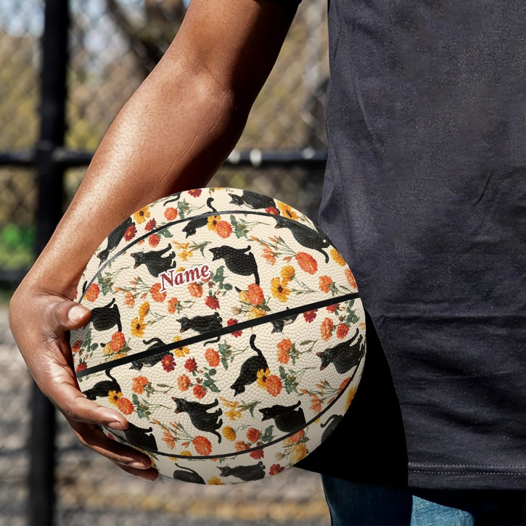 Personalized Basketball with Vibrant Cat & Floral Design - High-Elasticity, Comfort Grip