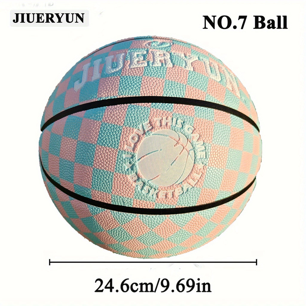 JIUERYUN Unisex 7-Inch Basketball - Pink & Blue Checkered, Anti-Slip Durable Surface
