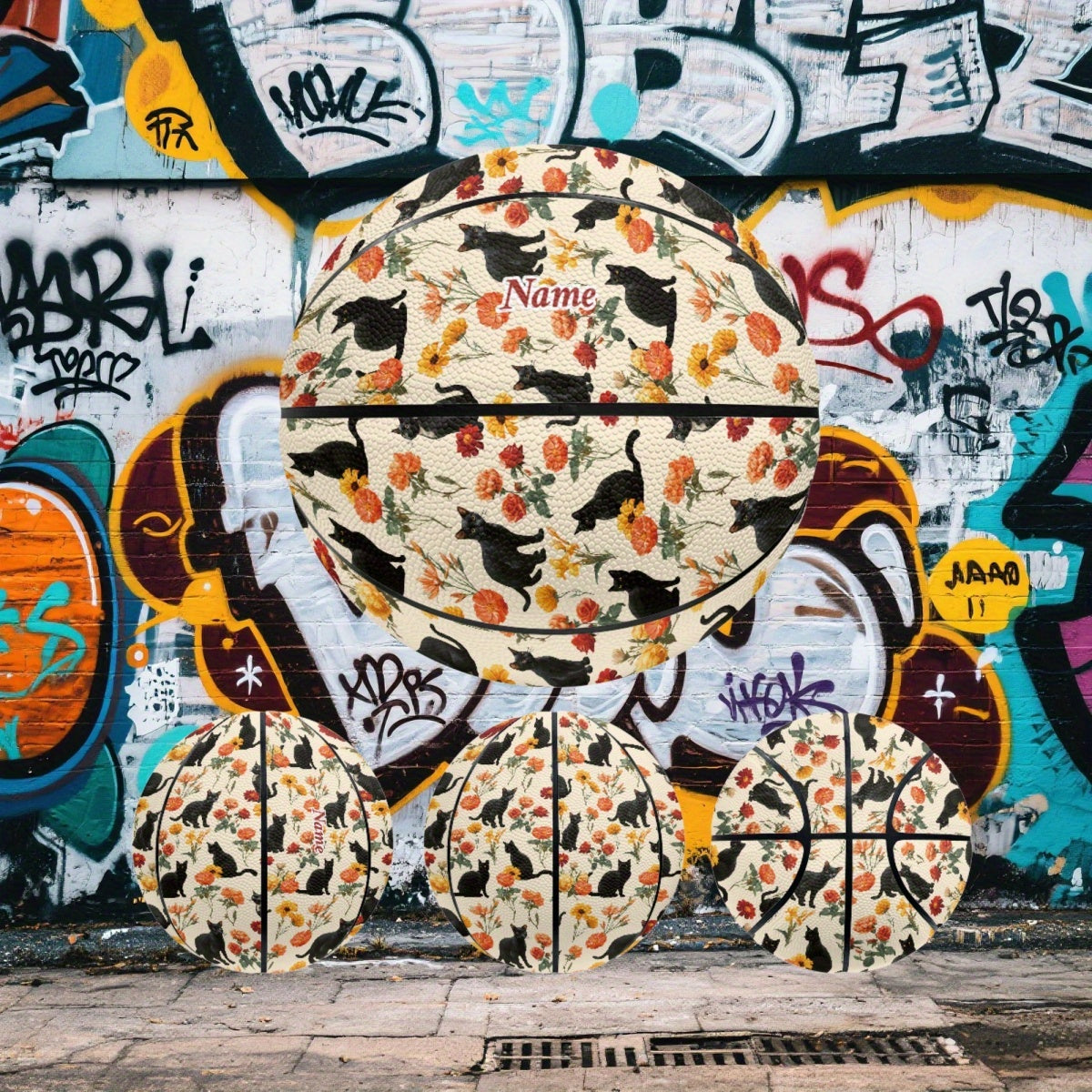 Personalized Basketball with Vibrant Cat & Floral Design - High-Elasticity, Comfort Grip