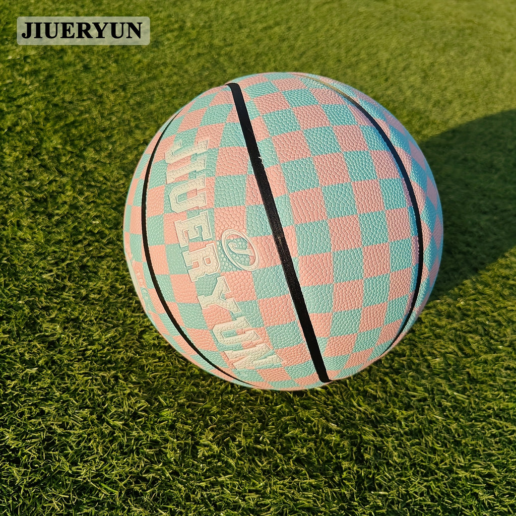 JIUERYUN Unisex 7-Inch Basketball - Pink & Blue Checkered, Anti-Slip Durable Surface