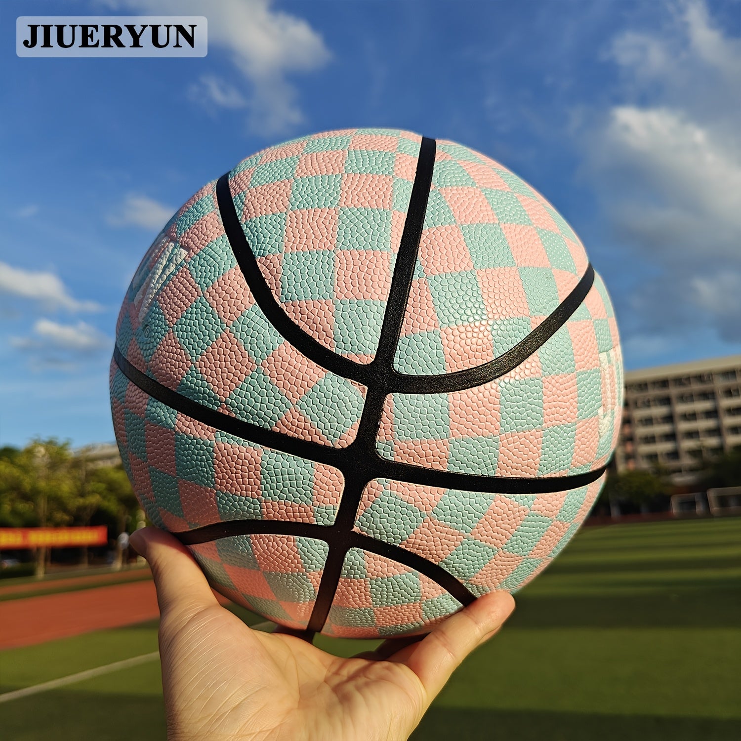 JIUERYUN Unisex 7-Inch Basketball - Pink & Blue Checkered, Anti-Slip Durable Surface