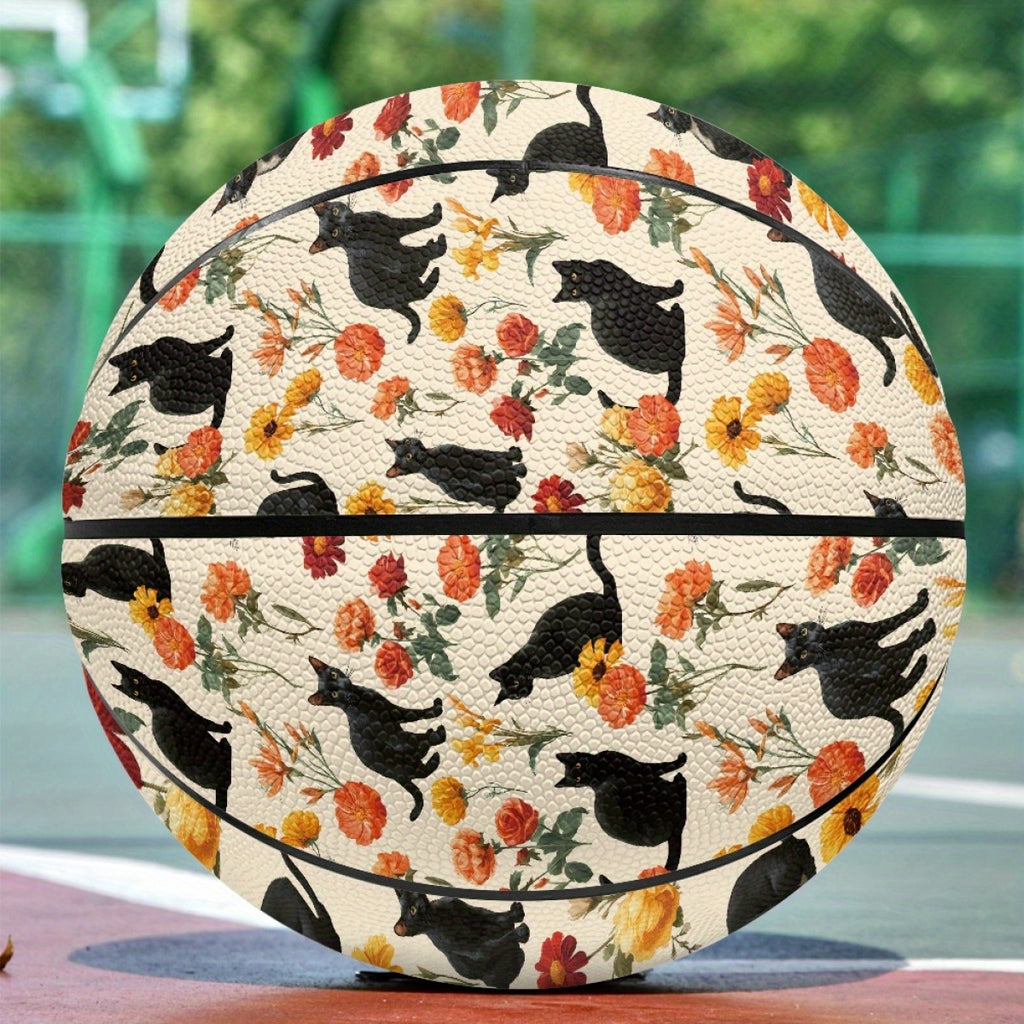 Personalized Basketball with Vibrant Cat & Floral Design - High-Elasticity, Comfort Grip