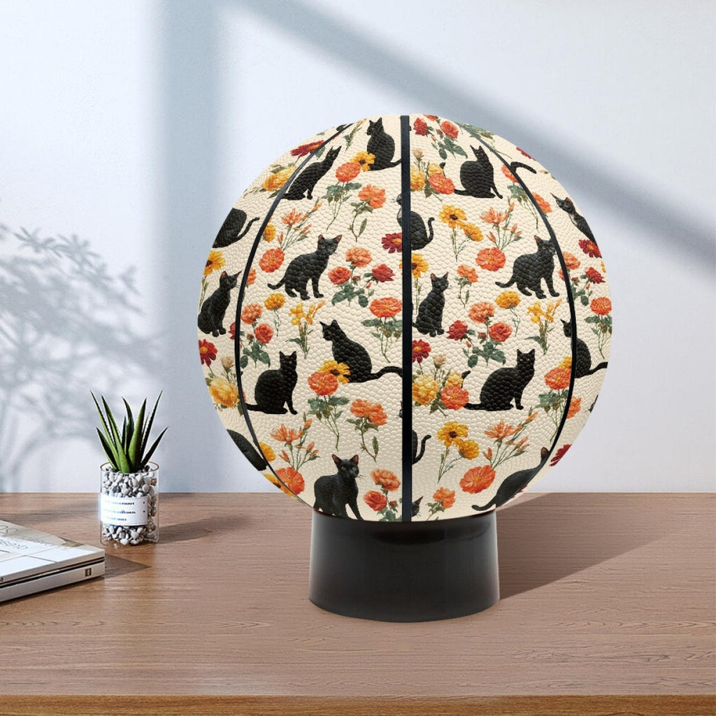 Personalized Basketball with Vibrant Cat & Floral Design - High-Elasticity, Comfort Grip